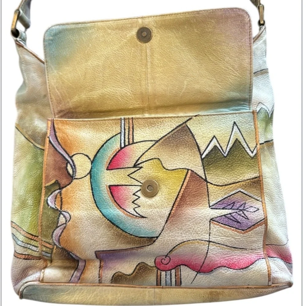 Vintage Handpainted Leather Manifique Hobo Bag with Braided Shoulder Strap